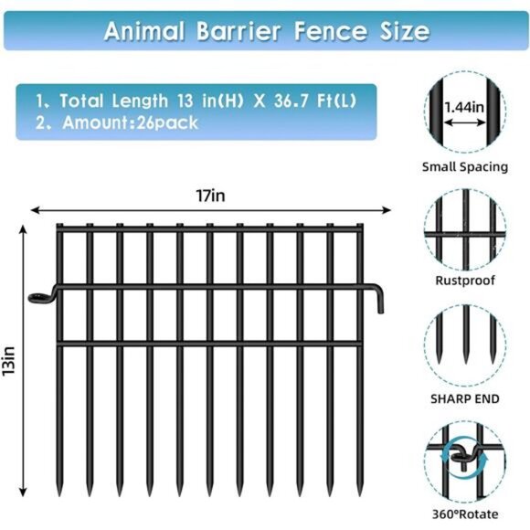 37ft (L) X 13in (H) Garden Animal Barrier Fence, 26 Pack No Dig Dog Fence - Picture 2 of 8